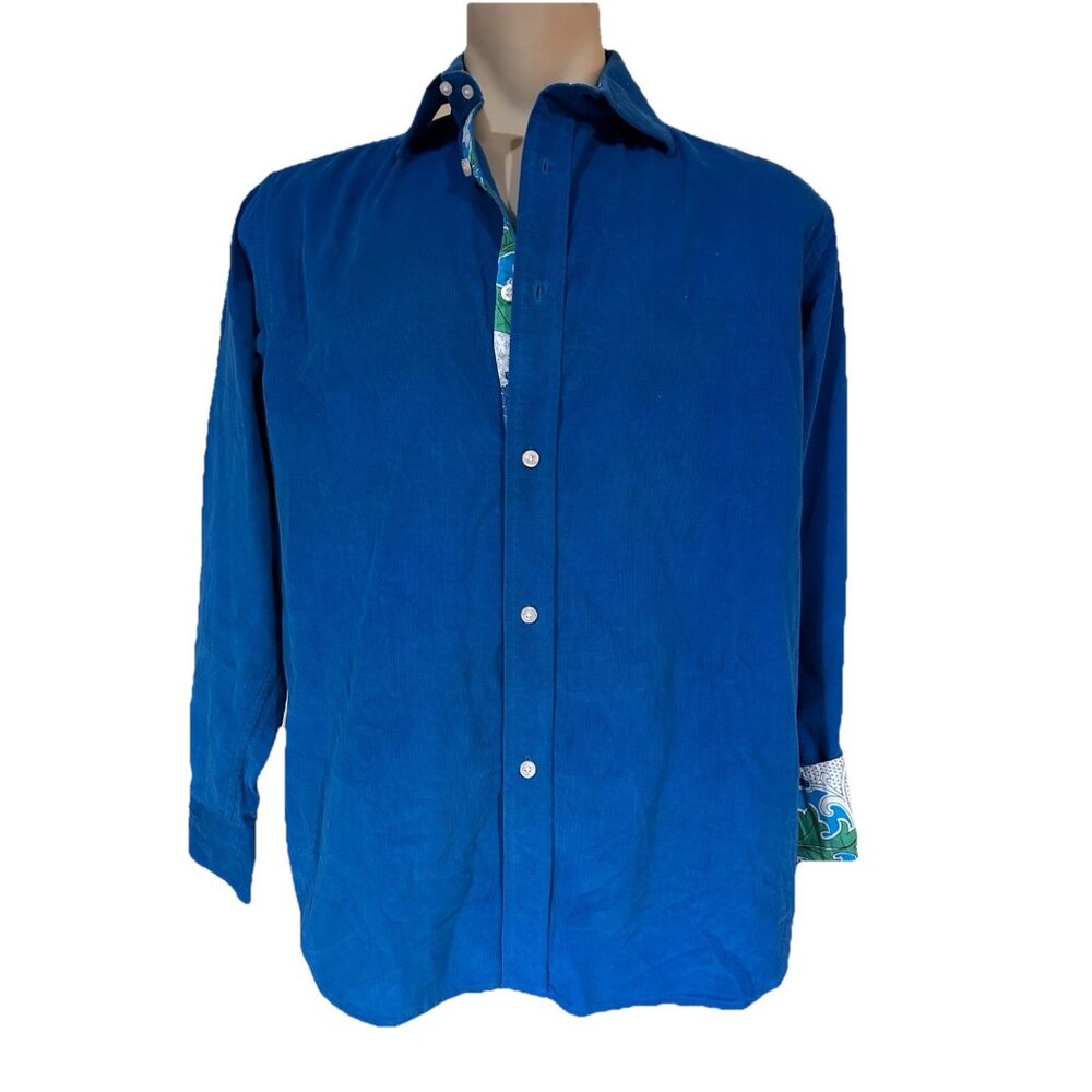 Robert Graham Men’s Corduroy Teal Shirt Long Sleeve Button Up Cotton Flip Cuff L